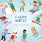 Happy winter kids games outdoor with snow vector illustration. Children making snowman, fighting with snowballs, sliding