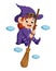 The happy witch girl is flying with the magic broom in the sky