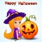 Happy witch and pumpkin cartoon