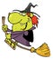 Happy witch rides broom