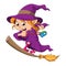 The happy witch is standing in the magic broom
