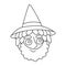 Happy wizard coloring page for kids Halloween party vector illustration. Funny cartoon magician in witch hat black