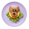 Happy wolf made of bread and salad on purple plate