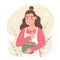 Happy woman in apron knocks baking ingredients in a bowl.  Hand drawn vector illustration. Cozy mood, homemade baked goods