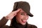 Happy woman army soldier saluting