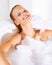 Happy, woman and bath portrait with cleaning, skincare and shampoo treatment with smile. Wellness, bubble and smile of a