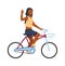 Happy woman on bike. Cartoon girl riding on bicycle. Young African female character greeting waving hand. Profile view