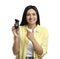Happy woman with breathalyzer on white background