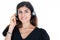 Happy woman business in call center smiling cheerful support phone operator portrait in phone headset