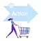 Happy Woman Buyer Pushing Shopping Cart front of Arrow Sign with Action Typography One of Step AIDA Model
