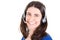 Happy woman in call center smiling cheerful support phone operator portrait in phone headset