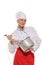 Happy woman chef with blender and pot
