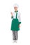 Happy woman in chef uniform with corolla - full length isolated