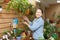 Happy woman chooses Nepenthes plant