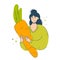 A happy woman chooses veganism and vegetables. Vegetarian diet concept girl hugging carrot