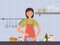 Happy woman cooking dietary vegetarian salad in kitchen vector flat illustration. Smiling female character seasoning