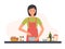 Happy woman cooking dietary vegetarian salad in kitchen vector flat illustration. Smiling female character seasoning