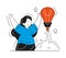 Happy woman creative idea with launching rocket lightbulb vector flat illustration