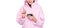 Happy woman crop view in casual pink hoodie keeping finger up reading message on smartphone, sms