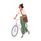 Happy woman cyclist walking and holding bicycles handlebar. Modern person going near bike. Smiling stylish female in