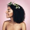 Happy woman, face and flower crown for beauty in studio, pink background and natural skincare. Smile, african model and