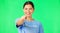 Happy, woman face and volunteer with green screen of a female pointing for recruitment. Portrait, smile and female model