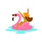 Happy woman in a flamingo inflatable float on beach vacations