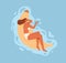 Happy woman floating, lying on inflatable rubber banana mattress in pool. Suntanned person swimming in water on summer