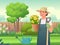 Happy woman gardener dressed in an apron and a hat holds a flower pot and a shovel in her hands against