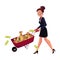 Happy woman, girl, businesswoman pushing wheelbarrow full of money bags