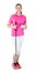 happy woman golfer in full length posing on a white