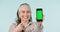 Happy, woman and green screen with phone for presentation of information, announcement or pointing with hand. Cellphone