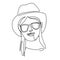 Happy Woman in Hat and Sunglasses Smiling One Line Art Portrait. Joyful Female Facial Expression. Hand Drawn Woman