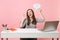Happy woman have new idea thought hold Say cloud speech bubble with lightbulb sit work at white desk with pc laptop