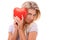 Happy woman, heart emoji and love portrait on a white background for valentines day, motivation and happiness. Face of a