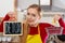 Happy woman holding detox sign and shopping basket