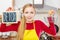 Happy woman holding detox sign and shopping basket