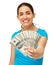 Happy Woman Holding Fanned Us Banknotes
