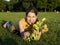 Happy woman holding flowers meeting friend