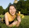 Happy woman holding flowers meeting friend