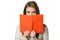 Happy woman holding opened book