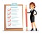 Happy woman holding pencil at giant schedule checklist with tick marks. Business organization and achievements of goals