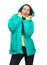 Happy woman holding rain jacket hood