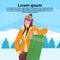 Happy woman holding snowboard girl winter vacation activity concept fir tree snowy mountain landscape female cartoon