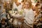 Happy woman holding tenderness bouquet decorated with feathers in her hands