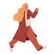 Happy woman hurrying, rushing on businesses. Busy young girl going fast outdoors. Active energetic enthusiastic person