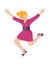 Happy woman jumping with joy in a pink dress and heels. Excited blonde female in playful pose celebrating success