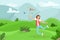 Happy woman jumping with a net in his hands. Girl catches butterflies. Summer landscape. Vector illustration