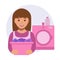 Happy woman in a laundry. Smiling girl washes clothes. Yong woman with a laundry basket. washing machine. Vector illustration