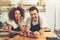 Happy woman and man holding phones at cafeteria